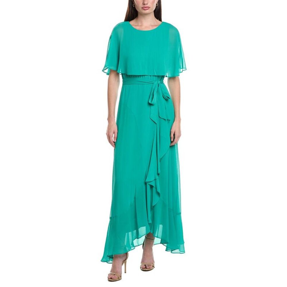 Maison Tara Teal Chiffon Cape-Sleeve Midi Dress